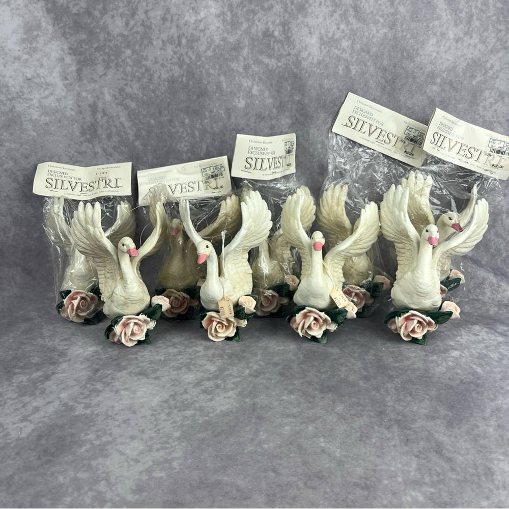 Vintage Silvestri Swan Christmas Ornaments Set of 9 Resin Roses Wings Up